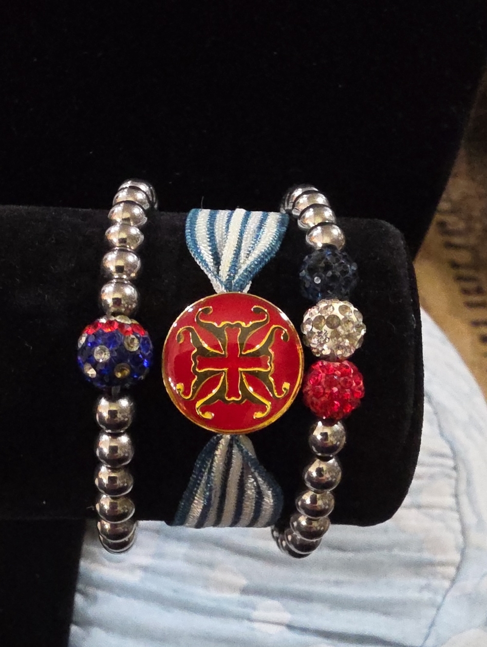 Rustic Cuff Red, Blue & Silver Beaded Ribbon Bracelet Set